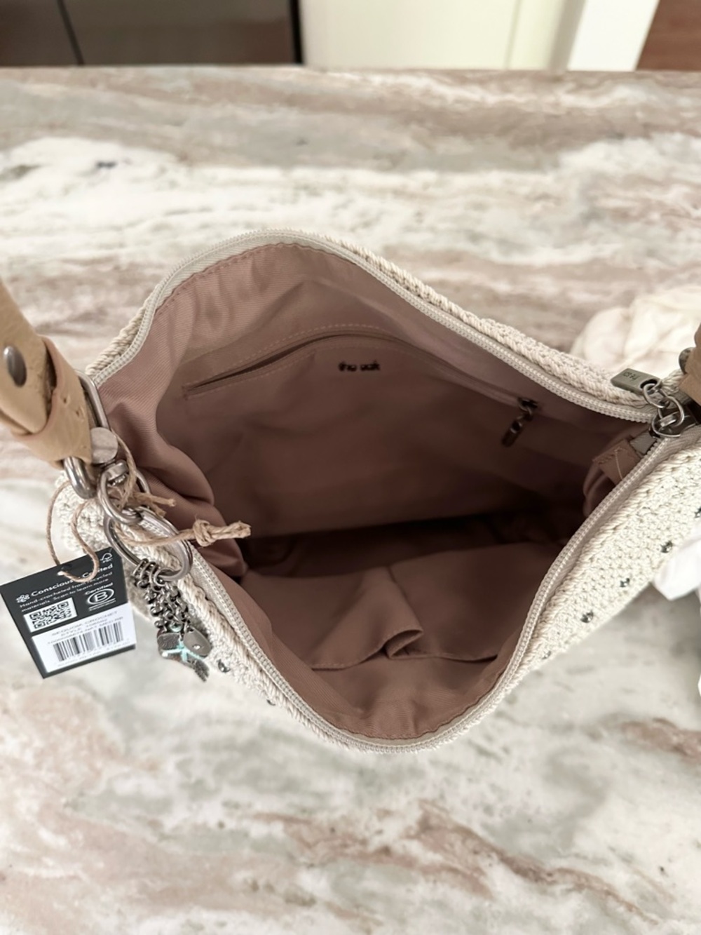 The Sak Sequoia Cream & Tan Crochet Leather Hobo Shoulder Bag with Bag Charm - Picture 16 of 17